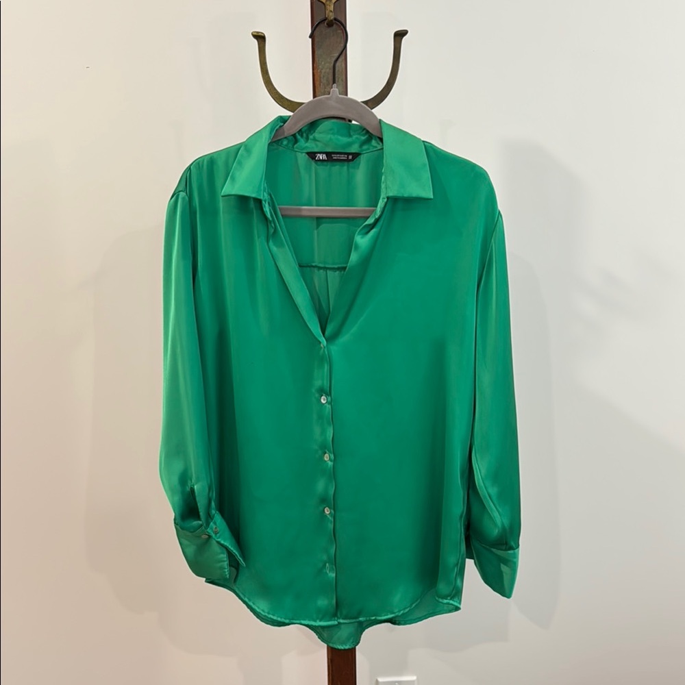 Zara Green 3/4 Sleeve Notched Collar Blouse